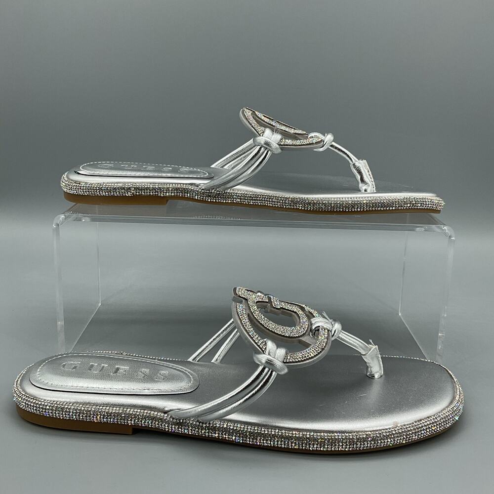 NEW Guess Women’s Saima G Cutout Rhinestone Flat Sandals Silver Size 7M